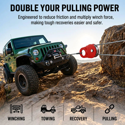 Beefy 10 Ton Snatch Block Winch Pulley For Heavy Duty Recovery, 22,000 Lbs Capacity, Red Aluminum Alloy Sheave, Universal Rope Compatibility For Trucks, 4x4s, Tractors, And Off Road Recovery Gear on Jeep recovery line
