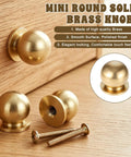 Real Deal Quality Top Shelf Solid Brass Mini Knobs One Half Inch Gold Drawer Pulls Four Pack With Screws on wood.