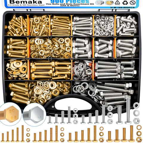 900-Piece Hex Bolts And Nuts Kit In 304 Stainless Steel With 1/4-20, 5/16-18, 3/8-16 Screws And Metric M4, M5, M6, M8 Grade 8.8, Plus Washers