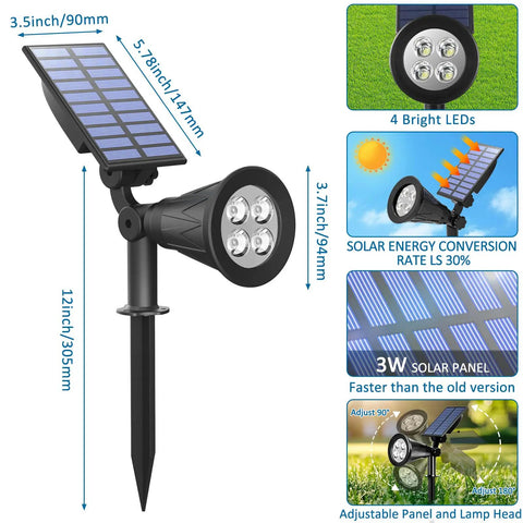 Blue Solar Spotlight Kit Two Pack Outdoor Landscape Lighting IP65 Waterproof 200LM Adjustable Auto On Off Quick Set dimensions