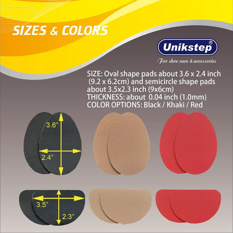 Image showing Six Pairs (Twelve Pieces) Non Slip Shoe Sole Pads With Self Adhesive Rubber Grips in black, khaki, and red colors.