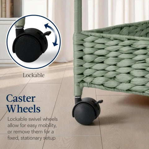 Lockable wheels on Three-Tier Water Hyacinth Rolling Caddy With Wheels For Laundry Room Bathroom Craft Room And More.
