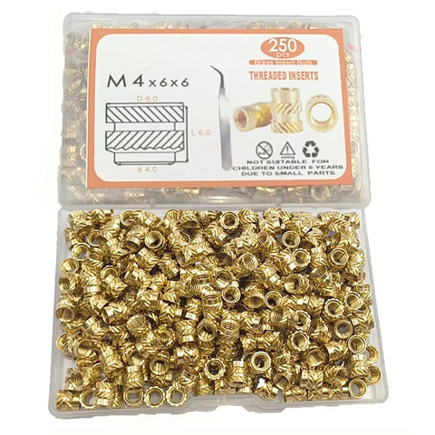 Brass M4 Threaded Inserts Heat Set For 3D Printing Knurled Nuts For Plastic M4x6x6 Size Heavy Duty Metal Fasteners Kit 250 Piece Assortment