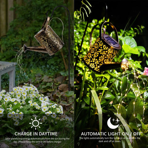 Copper Solar Watering Can Garden Light With Waterfall Effect And 60 LEDs illuminating flowers and greenery at night