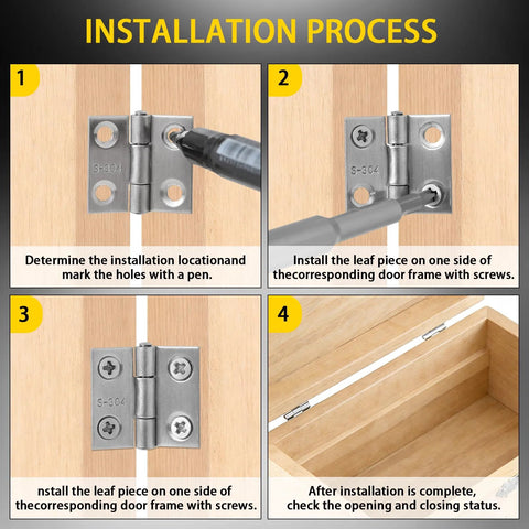 Front view of Qyueyue 1-inch 304 stainless steel mini hinge with mounting screws for a wooden box cabinet door