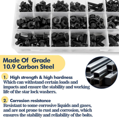 Industrial Strength M6 M8 M10 Flange Bolt And Serrated Nut Assortment Kit 288 Piece Hardware Set showing black Grade 10.9 steel fasteners in plastic organizer.