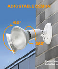 No Fuss And Tough As Nails 2 Pack Dual Head Outdoor Flood Lights adjustable design on wall showing 180x360 tilt features.