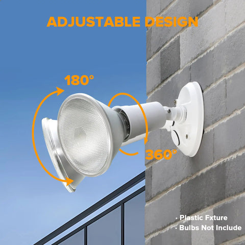 No Fuss And Tough As Nails 2 Pack Dual Head Outdoor Flood Lights adjustable design on wall showing 180x360 tilt features.