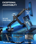 Heavy Duty Dual Monitor Arm For Ultrawide Screens 17 To 45 Inch showing adjustable height range 9.8 to 20.8 inches with full motion features.