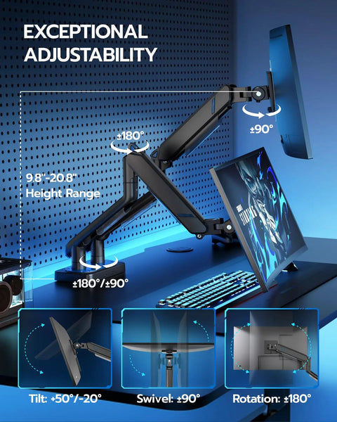 Heavy Duty Dual Monitor Arm For Ultrawide Screens 17 To 45 Inch showing adjustable height range 9.8 to 20.8 inches with full motion features.