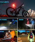 Collage of USB C Rechargeable Bike Light Set showcasing headlight and taillight use during biking, night hiking, camping, and road safety.