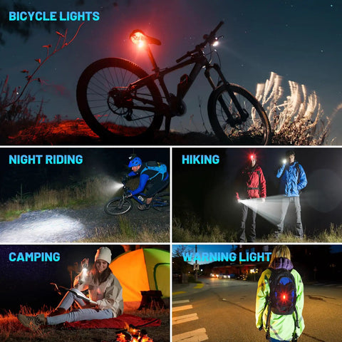 Collage of USB C Rechargeable Bike Light Set showcasing headlight and taillight use during biking, night hiking, camping, and road safety.