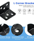 Heavy Duty L Brackets And Corner Connectors For Woodwork, Includes Three Hundred Assorted Screws, Rust Resistant Black Steel Angle showing 90 degree angle and counterbore holes.