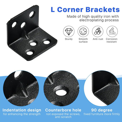 Heavy Duty L Brackets And Corner Connectors For Woodwork, Includes Three Hundred Assorted Screws, Rust Resistant Black Steel Angle showing 90 degree angle and counterbore holes.