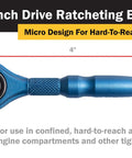 Image of Compact One Quarter Inch Drive Swivel Head Micro Ratcheting Bit Driver With Ninety Tooth Mechanism, blue aluminum handle.