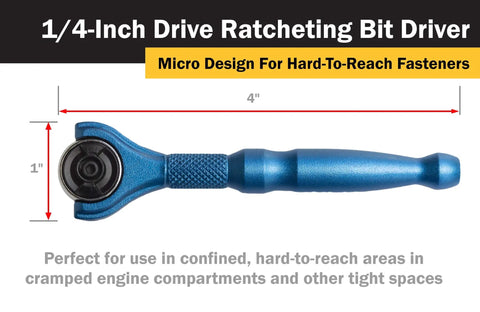 Image of Compact One Quarter Inch Drive Swivel Head Micro Ratcheting Bit Driver With Ninety Tooth Mechanism, blue aluminum handle.