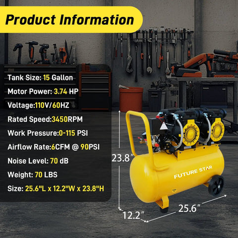 15 Gallon Portable Air Compressor With 3.7 HP Motor And 115 PSI Max Pressure. This Industrial Grade Unit Delivers 6 CFM Airflow For Dual Outlet Use, Featuring An Oil Lubricated System And Tough Build For Tough Jobs Around The Shop Or Garage