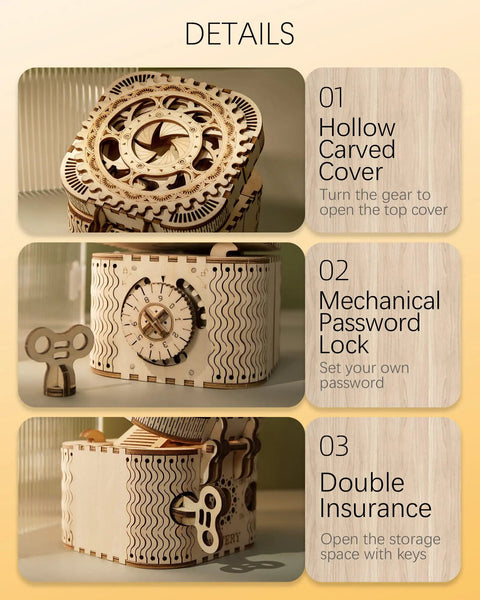3D Wooden Puzzle Kit For Adults And Teens 14 Plus, DIY Treasure Box Brainteaser, Mechanical Engineering Model Building Toy, Eco Friendly Laser Cut Plywood Craft Kit, Educational Gift For Curious Minds: wooden lock details