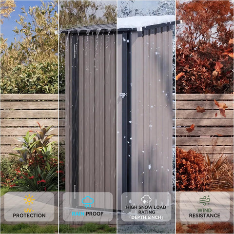 Vertical Outdoor Storage Cabinet Shed With Floor, Space Saving Design, Lockable Doors in different weather conditions.