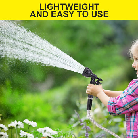 FOXEASE 25 ft stainless steel garden hose with spray nozzle in use outdoors by a child watering flowers