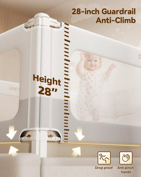 28-inch guardrail showing height adjustable feature of 3 Piece King Size Bed Rails No Drill Setup Toddler Guard for Kids