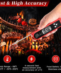 Person using Ultra Fast Instant Read Digital Meat Thermometer For Cooking And Grilling With IP67 Waterproof Build Strong Magnetic Mount Calibrated For Pro Kitchen BBQ Reads In 2 To 3 Seconds Wide Range For Turkey Steak Candy Oil And More over a grill with meats and vegetables.