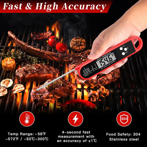 Person using Ultra Fast Instant Read Digital Meat Thermometer For Cooking And Grilling With IP67 Waterproof Build Strong Magnetic Mount Calibrated For Pro Kitchen BBQ Reads In 2 To 3 Seconds Wide Range For Turkey Steak Candy Oil And More over a grill with meats and vegetables.