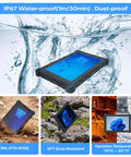 No Sweat Heavy Duty Workhorse 10.1 Inch Rugged Tablet PC IP67 Waterproof Industrial Windows 11 Pro with water splashes and dust.