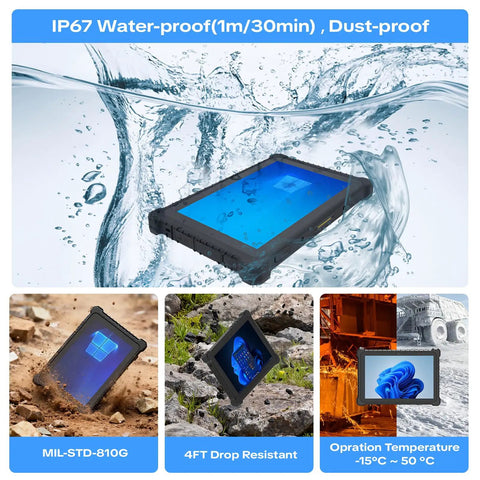 No Sweat Heavy Duty Workhorse 10.1 Inch Rugged Tablet PC IP67 Waterproof Industrial Windows 11 Pro with water splashes and dust.