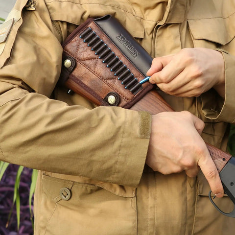 Cheek Rest Pad With 14 Round.22LR Shell Holder For Rifle Stock PU Leather Riser And Extra Cartridge Slot Hunting Gear in use