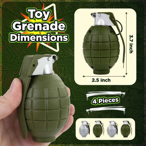4 Pack Toy Grenades Set For Kids, Realistic Boom Sound Effects, Plastic Military Army Pretend Play Gear with dimensions