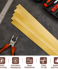Five Piece Brass Strips Shim Stock Set 36 Inch Long By 1 Inch Wide By 0.016 Inch Thick 260 Brass Alloy Durable Go To For DIY Crafts Jewelry Making Model Building Decorative Arts And Electrical Projects, shown with tools and features.