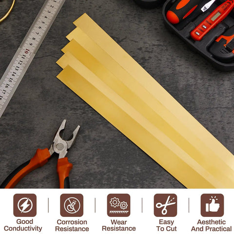 Five Piece Brass Strips Shim Stock Set 36 Inch Long By 1 Inch Wide By 0.016 Inch Thick 260 Brass Alloy Durable Go To For DIY Crafts Jewelry Making Model Building Decorative Arts And Electrical Projects, shown with tools and features.