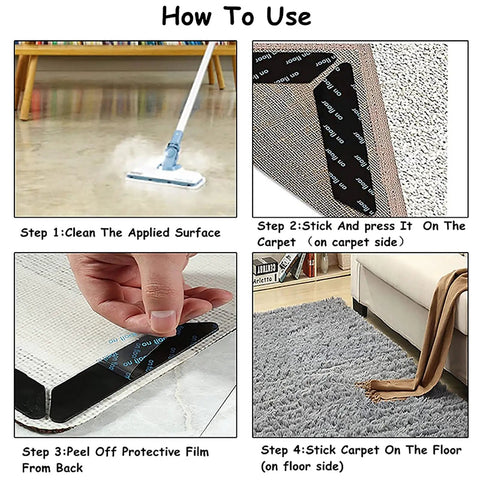 How to use No Slip Carpet Gripper Kit 16 Pack Reusable Washable Rug Pads And Edge Clips with adhesive on wood floor.
