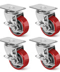 3-inch heavy-duty caster wheels with brakes; polyurethane-on-steel, mounting plates, set of four
