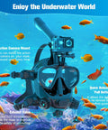 Full Face Snorkel Mask For Adults With Camera Mount, Anti Fog And Leak Proof Shield, underwater scene with fish and features labeled