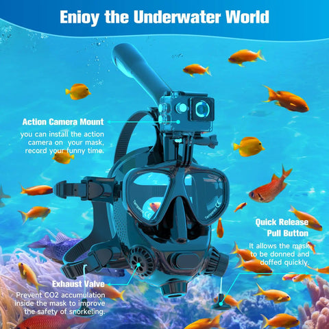 Full Face Snorkel Mask For Adults With Camera Mount, Anti Fog And Leak Proof Shield, underwater scene with fish and features labeled