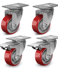 3 Inch Heavy Duty Swivel Caster Wheels with Brakes, Polyurethane on Steel Wheels, Set of 4, includes 2 brake casters