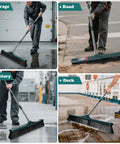 Heavy Duty Outdoor Push Broom With Hella Durable Stiff Bristles And 58 Inch Long Handle used on garage, road, factory, and deck surfaces.
