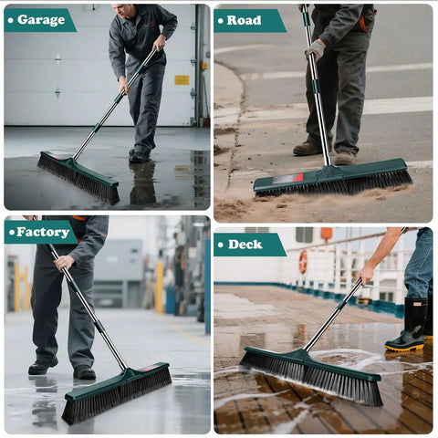 Heavy Duty Outdoor Push Broom With Hella Durable Stiff Bristles And 58 Inch Long Handle used on garage, road, factory, and deck surfaces.