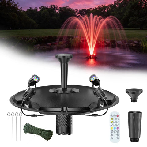 Floating Fountain And Aerator All In One Kit With LED Lights For Ponds Lakes And Water Gardens, 1200GPH pump, 30Ft cord, three spray styles