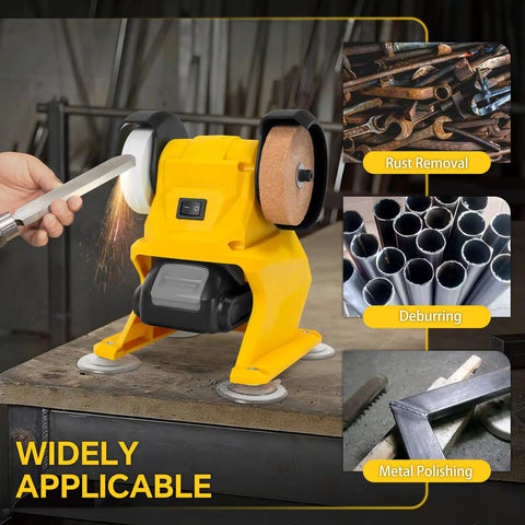 Smooth Operator Mini Belt Sander And Precision Polishing Tool For Wood And Metal Crafting Badass Workbench Companion With 20 Volt Battery Compatibility And Quick Knife Sharpening Mode, shown polishing and deburring metal.