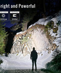 Person using Bright 1200 Lumen Rechargeable Headlamp With Dual LEDs, illuminating a snowy mountain path at night.