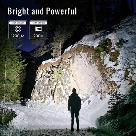 Person using Bright 1200 Lumen Rechargeable Headlamp With Dual LEDs, illuminating a snowy mountain path at night.