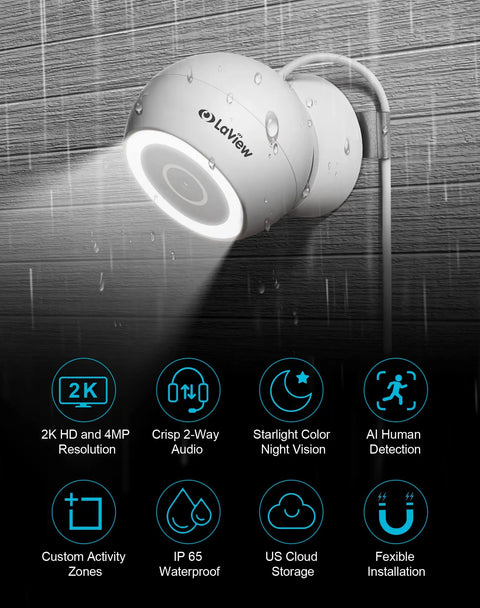 4MP 2K Outdoor Indoor Wired Security Camera With IP65 Weatherproof, mounted on wall in rain, showing spotlight and features icons