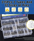 Stainless Steel 304 Cotter Pins And Hairpin R Clips Set 215 Piece Assortment Kit With 12 Sizes in a transparent box