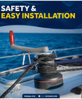 Five Oceans 10-inch floating sailboat winch handle installed on deck with rope and winch base, grey/red.
