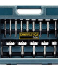 Top Shelf Boss Grade 16 Piece Forstner Bit Set With 3/8 Shank Drills Spot On Holes In Wood High Speed Steel in storage case.