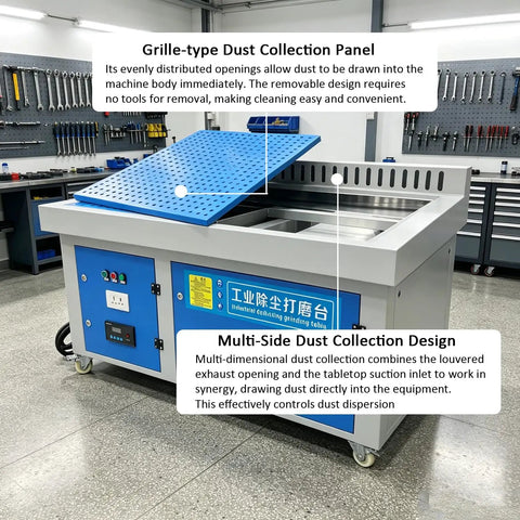 Heavy Duty Metalworking Downdraft Table With 3Kw Motor And 220V Power Pulling Serious Air Through Four Sided Suction For Welding Grinding Polishing And Deburring Dust Collection On A Beefy 59X39 Inch Workstation with grille-type dust collection panel.