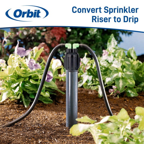 2 Port Full Flow Drip Irrigation Manifold For No Fuss Precise Watering With One Quarter Inch Tubing in a garden setup